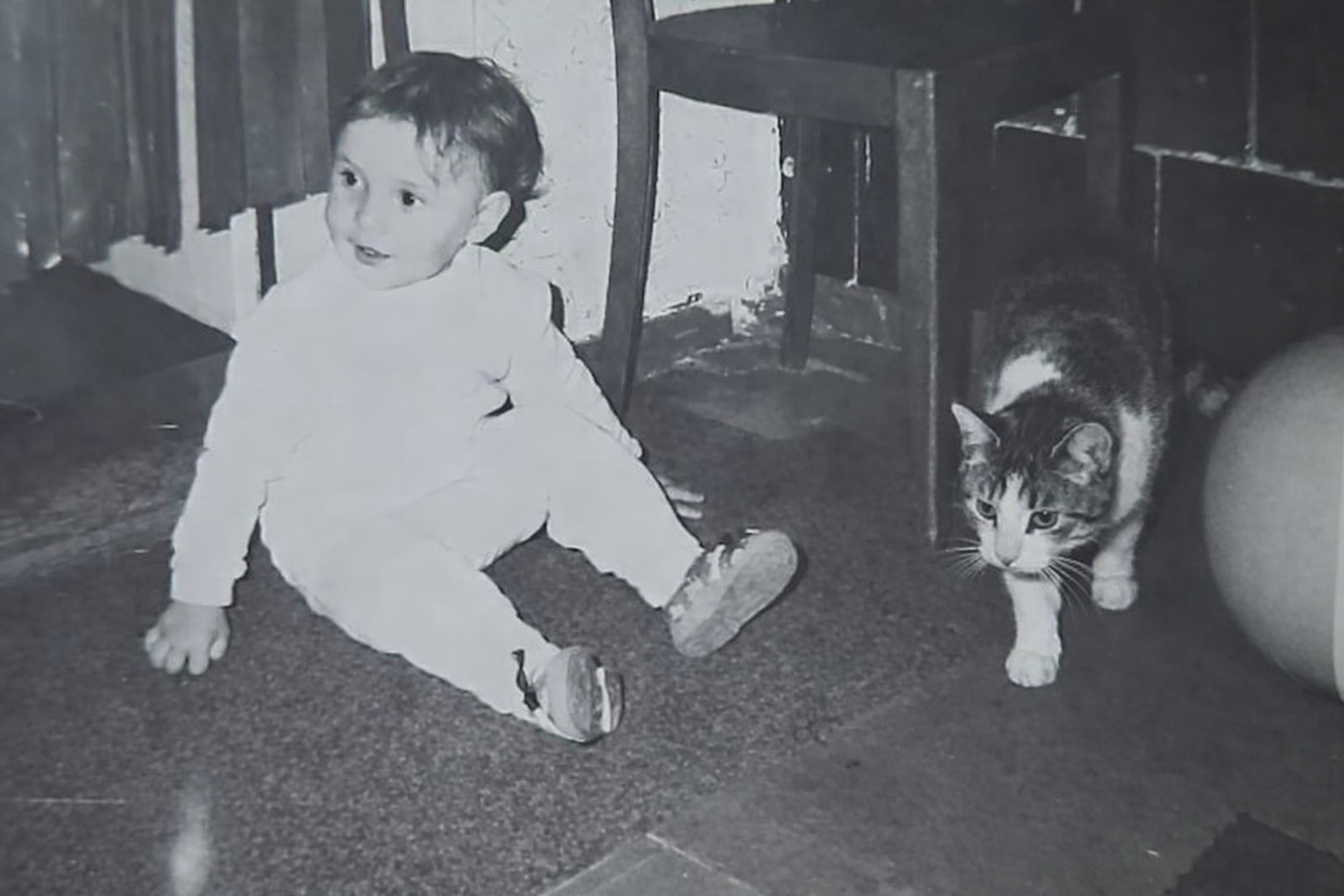 Starsze zdjęcie w domu dziadków. Dziecko z kotem.